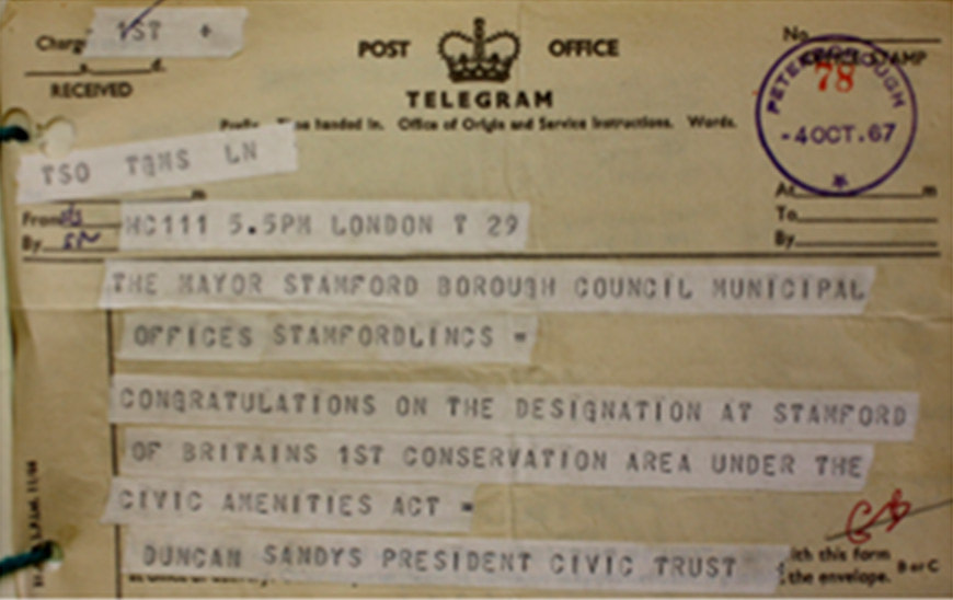 Duncan Sandys’ telegram to the Mayor congratulating Stamford on being the first Conservation Area. Permission of Stamford Town Council
